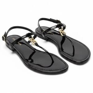 Cole Haan Ally Sandal Glossy Black Leather Slingback Women 8 Gold Logo Designer